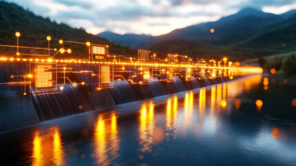 Poster - cinematic depiction of flowing water cascading from dam, illuminated by glowing digital circuits. serene landscape features mountains and reflective river, creating harmonious blend of nature and