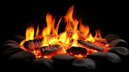 Wall Mural - fiery blaze in the darkness - dynamic image of flaming fire and glowing embers on black background f