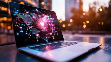 Fototapete - cinematic flat lay of laptop displaying holographic security interface, showcasing digital world map with vibrant colors and glowing elements, evokes sense of innovation and technology