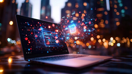 Poster - cinematic flat lay of laptop displaying holographic security graphics, surrounded by vibrant cityscape at night, evokes sense of innovation and technology