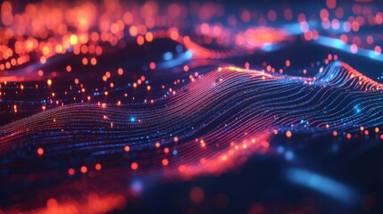 Poster - Abstract Red and Blue Particle Waveform on Dark Background, Futuristic Data Visualization.