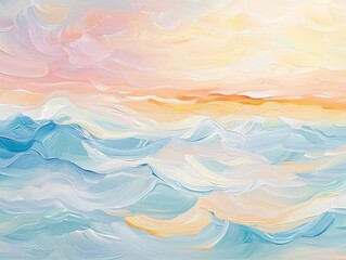 Poster - Abstract Coastal Sunset Painting with Textured Brush Strokes of Blue Waves and Pastel Sky