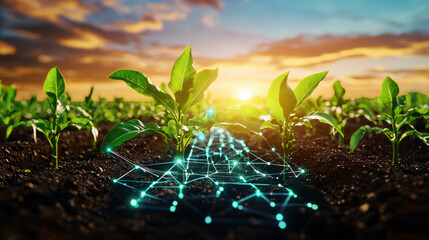 Aufkleber - cinematic view of sustainable food farm showcasing technology integration in agriculture. vibrant green plants thrive under beautiful sunset, symbolizing innovation and growth
