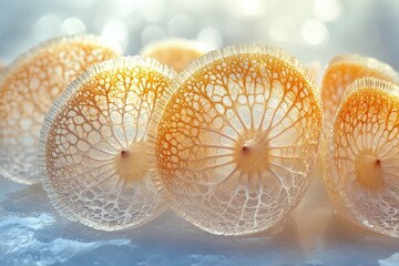 Wall Mural - Delicate, translucent, orange-hued seed pods, arranged on a reflective surface, bathed in soft light.