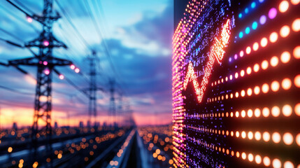 Leinwandbilder - cinematic view of illuminated energy stock board with rising graph, set against backdrop of power lines and colorful sunset. scene conveys sense of growth and optimism