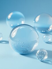 Poster - Clear Bubbles with Air Bubbles Surrounding Them Against a Blue Background, Creating a Fresh and Clean Atmosphere for Design and Background Use