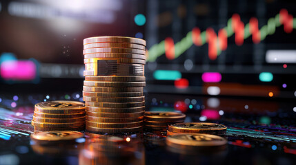 Aufkleber - Cinematic view of financial growth with glowing stacks of coins, symbolizing investment and prosperity in digital market environment