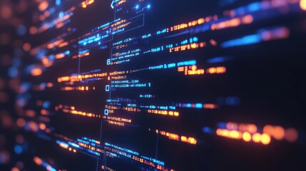 Poster - Abstract Digital Code Stream: Neon Blue and Orange Glowing Lines of Programming Language