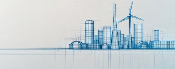 Poster - Engineer sketching idea. Modern city skyline with abstract blue structures and wind turbines illustrating eco-design.