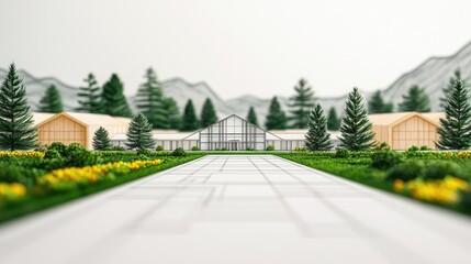 Poster - Engineer sketching idea. A tranquil pathway leads through lush greenery to a modern greenhouse surrounded by mountains.