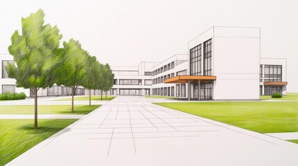 Poster - Engineer sketching idea. Modern architectural design of a school campus with green surroundings and clear pathways.