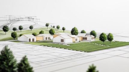 Poster - Engineer sketching idea. Model of modern houses surrounded by green landscape and trees on a minimalist design.