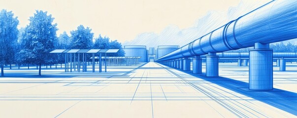 Poster - Engineer sketching idea. A conceptual blueprint of modern infrastructure featuring pipes and solar panels.