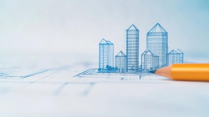 Aufkleber - Engineer blueprint concept. Blueprint design showcasing skyscrapers with an orange pencil for creative architecture ideas.