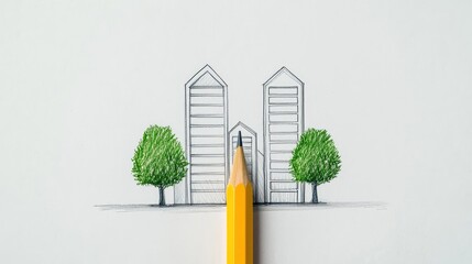 Poster - Engineer blueprint concept. A pencil sketch of modern buildings surrounded by green trees, symbolizing creativity.