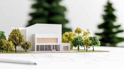 Poster - Engineer project concept. A detailed architectural model showcasing modern design and greenery.