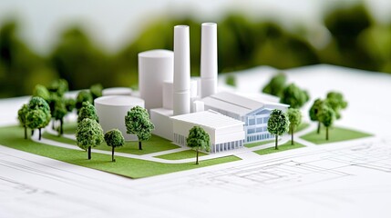 Poster - Engineer project concept. A scale model of a modern industrial facility surrounded by green trees.