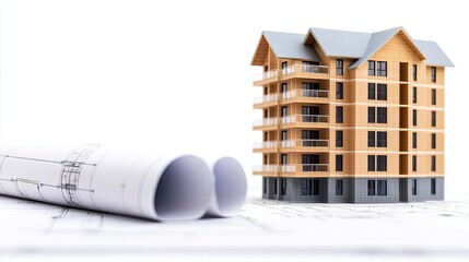 Poster - Engineer project concept. Model of a modern wooden building with architectural blueprints for design planning.