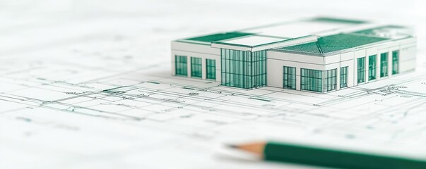 Poster - Engineer sketching idea. Architectural model on blueprint highlighting innovative design and planning concepts.