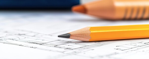 Poster - Engineer project concept. Close-up of a yellow pencil on engineering blueprints, ideal for design concepts.
