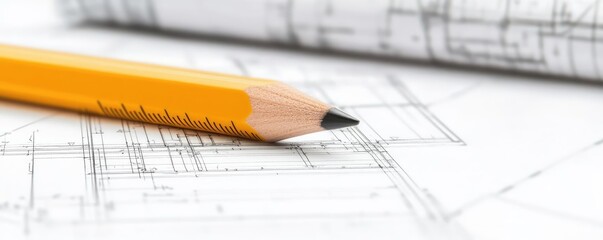 Poster - Engineer project concept. A close-up of a yellow pencil resting on a blueprint for architectural design.