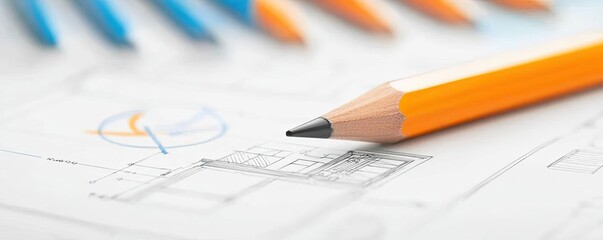Poster - Engineer project concept. Close-up of a pencil on a blueprint with colorful pens and charts in the background.
