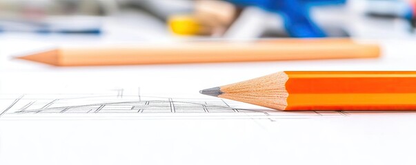 Poster - Engineer sketching idea. Close-up of an orange pencil used for sketching on a white sheet of paper.