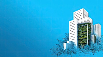 Poster - Engineer sketching idea. Modern eco-friendly building design featuring greenery on a bright blue background.