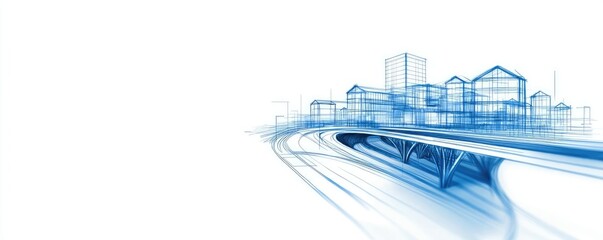 Poster - Engineer sketching idea. Stylized blue blueprint of modern city buildings and roads in a creative design.