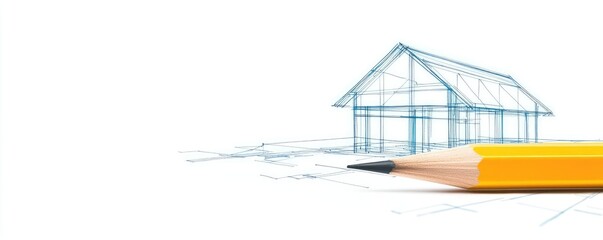 Poster - Engineer sketching idea. A yellow pencil beside a sketch of a house in blue lines on a white background.