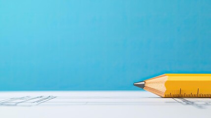 Poster - Engineer project concept. A bright yellow pencil rests on a clean, white workspace against a blue background.