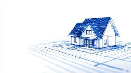 Poster - Engineer blueprint concept. Blueprint illustration of a modern house design with solar panels and a spacious layout.