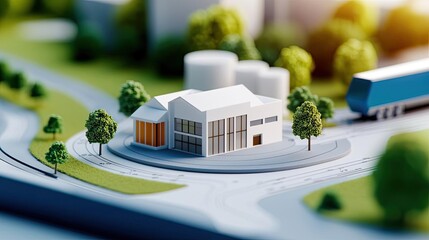 Poster - Engineer blueprint concept. A miniature model of a modern building set in an urban landscape.