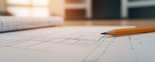 Poster - Engineer project concept. Close-up of architectural blueprint and pencil on a wooden surface, showcasing design planning.