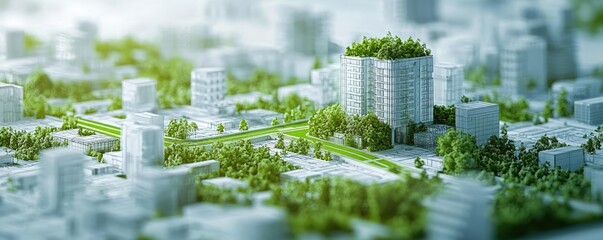 Poster - Engineer project concept. Aerial view of a modern city skyline with greenery integrated into urban architecture.