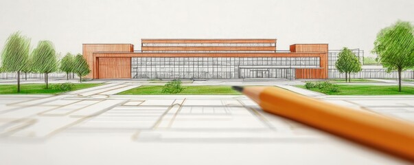 Aufkleber - Engineer blueprint concept. A detailed architectural drawing of a modern building with greenery and a pencil.