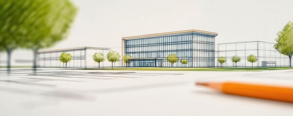 Aufkleber - Engineer blueprint concept. Architectural model of a modern office building surrounded by greenery.
