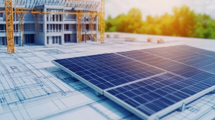 Poster - Engineer blueprint concept. Solar panels on a modern building construction site, emphasizing renewable energy.
