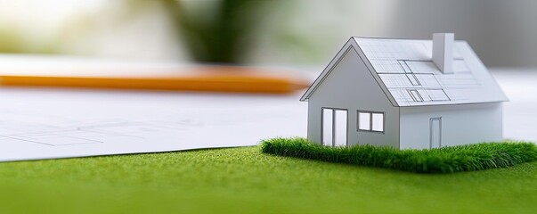 Aufkleber - Engineer sketching idea. A miniature house model on a grassy surface symbolizes home and architecture planning.