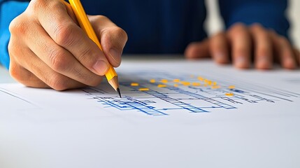 Poster - Engineer project concept. A person drawing designs on paper with a pencil, showcasing creativity and planning.