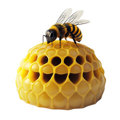 Poster - A detailed close-up image showcases a honeybee resting atop a glistening, golden honeycomb structure against a stark white backdrop.