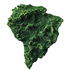 Poster - A three dimensional rendering depicts a lush green island densely covered with tropical forest from an aerial perspective.