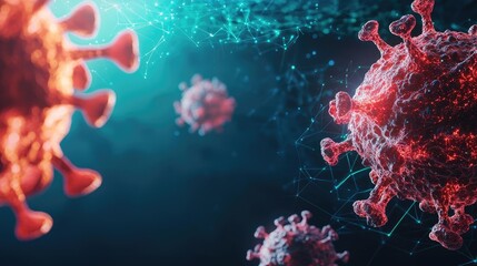 Poster - Dust pollution idea. Detailed 3D rendering of viruses causing infectious diseases in a digital environment.