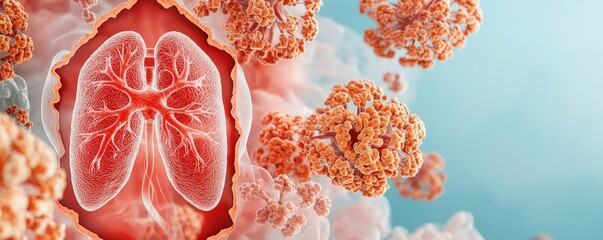 Poster - Dust pollution concept. Detailed illustration of human lungs with virus representations around them.