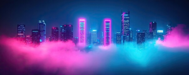 Aufkleber - Dust pollution idea. A vibrant city skyline illuminated with colorful lights enveloped in misty atmosphere.