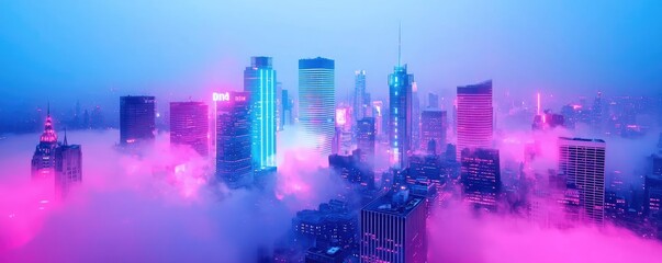 Poster - Dust pollution idea. A vibrant city skyline shrouded in colorful fog and illuminated by neon lights.