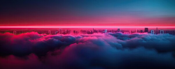 Poster - Dust pollution idea. A vibrant city skyline emerging from colorful clouds at dusk, illuminated by neon lights.