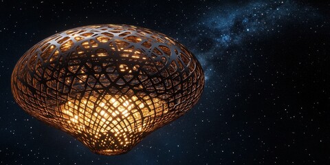 Poster - Abstract Glowing Metal Sphere in Starry Night Sky, Futuristic and Cosmic Design.