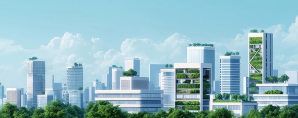 Poster - Engineer sketching idea. Modern skyline featuring green architecture and eco-friendly design in a vibrant city.