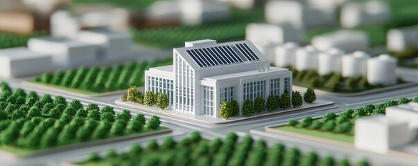 Poster - Engineer sketching idea. A detailed architectural model showcasing a modern building and surrounding greenery.